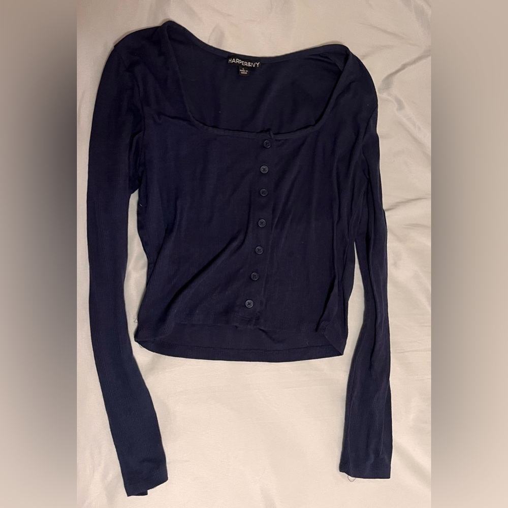 Navy Long Sleeve Button-Up Top
